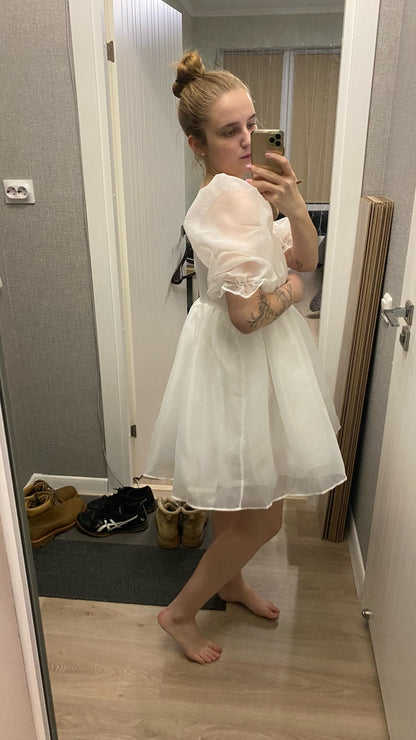 White Puff Sleeve A-Line High Waist Mini Dress