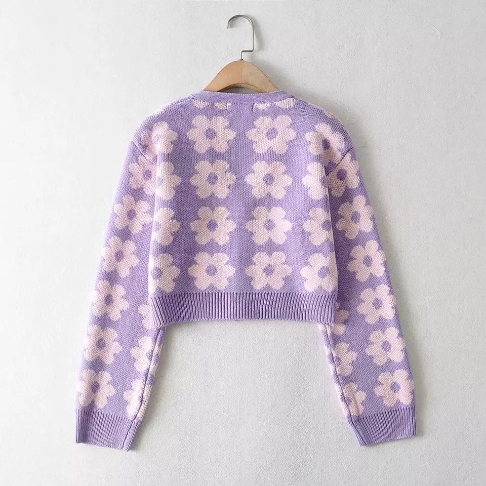 Cute Vintage 90s Purple Pink Flowers Cardigan Long Sleeve Shirt Top V Neck Sweater Jumper Aesthetic E-Girl Kawaii Korean Japanese Harajuku Streetwear