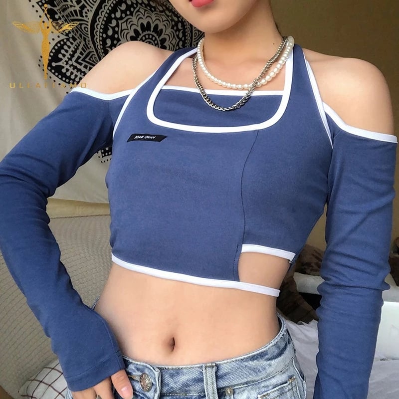 Blue Patchwork Halter Off Shoulder Hollow Crop Top Long Sleeve T-shirt Streetwear Summer Aesthetic Casual E-Girl Kawaii Korean Japanese Harajuku