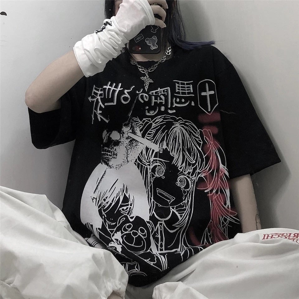 Dark Anime Girl Cartoon Print Loose Short Sleeve T-shirt Top Summer Causal Goth Punk E-Girl Kawaii Korean Japanese Harajuku Streetwear
