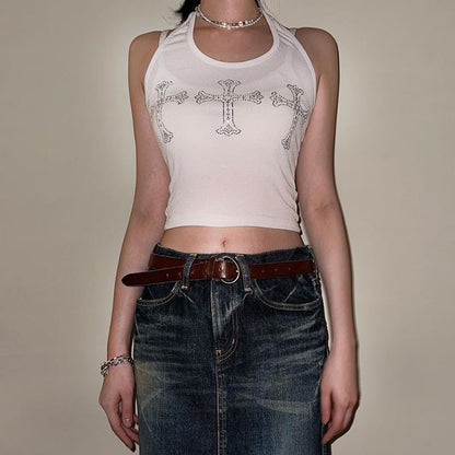 White Cross Rhinestone Halter Top