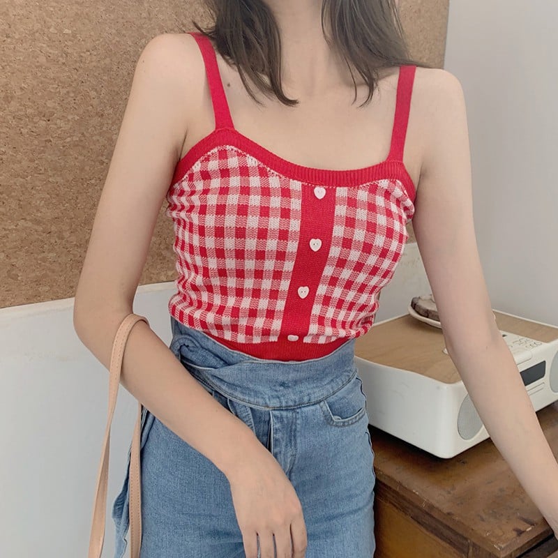 Cute Sexy Sweet Knit Plaid Checkered Botton Cami Crop Top Shirt Tee T-shirt E-Girl Kawaii Korean Japanese Harajuku Chinese Retro Streetwear Aesthetic