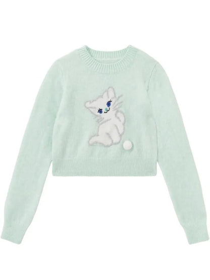 Blue Cat Print Cropped Sweater