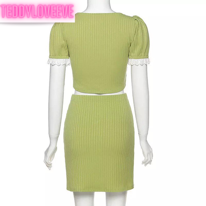 Cute Green Ribbed 2PCS Set Square Collar Puff Sleeve Lace Short Sleeve Crop Top Skirt Summer Party E-Girl Kawaii Korean Japanese Harajuku Streetwear