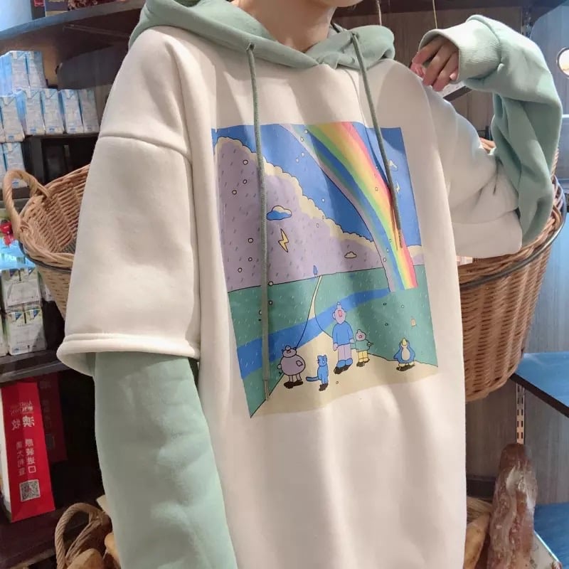 Rainbow Cartoon Print Hoodie Patchwork Loose Drawstring Sweatshirt Sweater Long Sleeve Pullover E-Girl Kawaii Korean Japanese Harajuku Streetwear