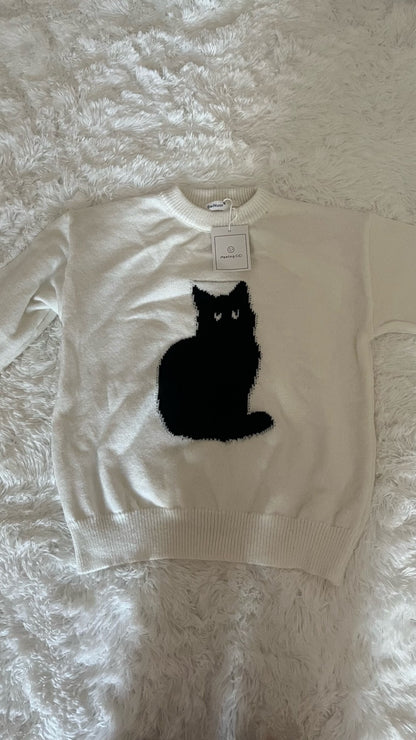 Black Cat Print Long Sleeve Sweater