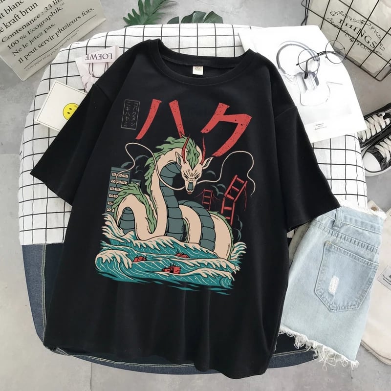 Cute Black Dragon Anime Cartoon Print Oversize Loose Short Sleeve T-shirt Aesthetic Casual Summer E-Girl Kawaii Korean Japanese Harajuku Street