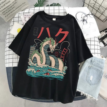 Cute Black Dragon Anime Cartoon Print Oversize Loose Short Sleeve T-shirt Aesthetic Casual Summer E-Girl Kawaii Korean Japanese Harajuku Street
