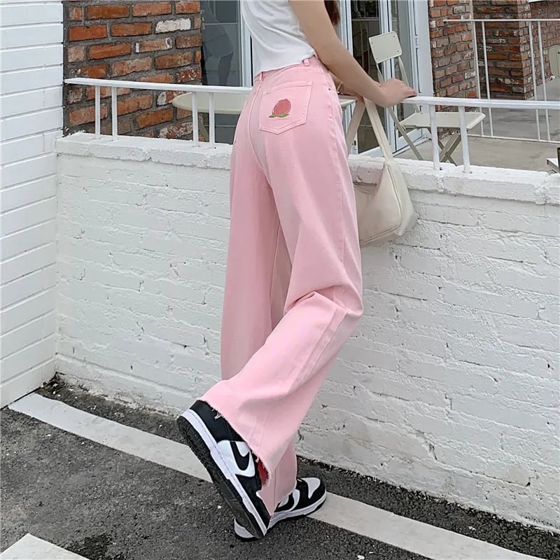 Pink Peach Embroidery Denim Pants
