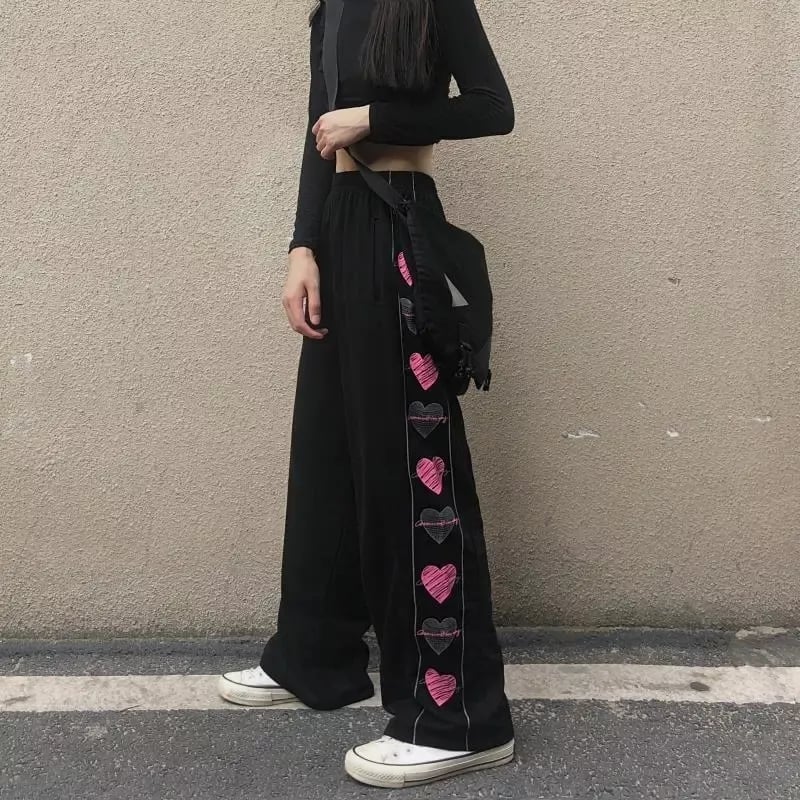Black Heart Print Wide Leg Trousers