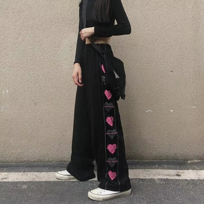 Black Heart Print Wide Leg Trousers