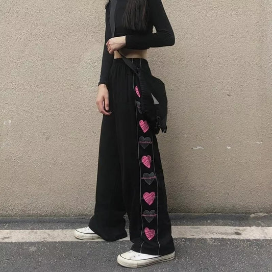 Black Heart Print Wide Leg Trousers