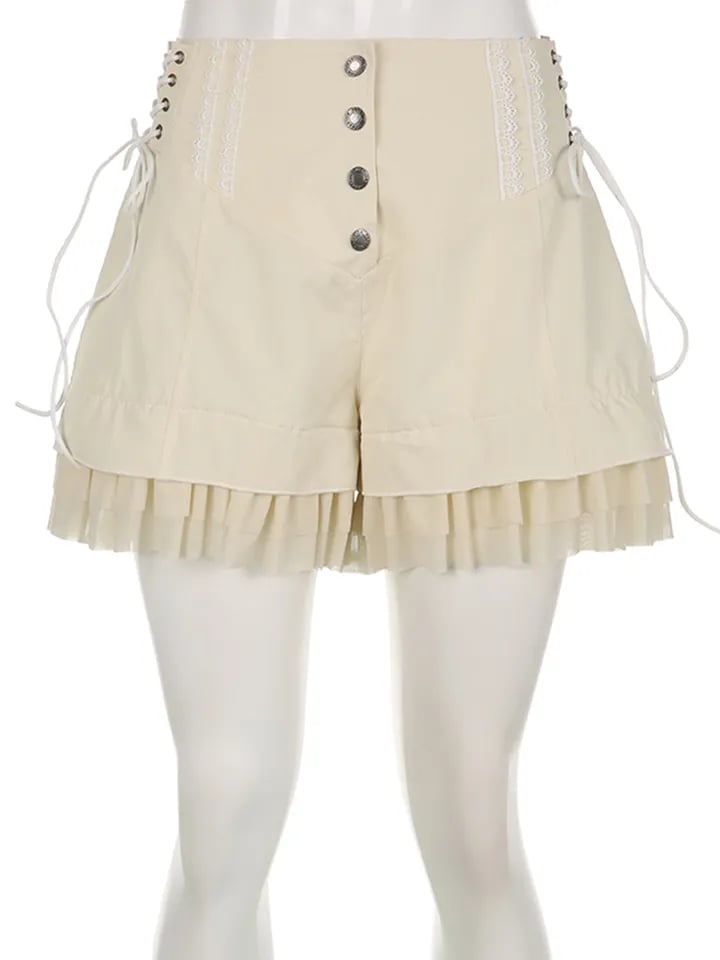 Beige Coquette Patchwork Tie Up High Waist Shorts