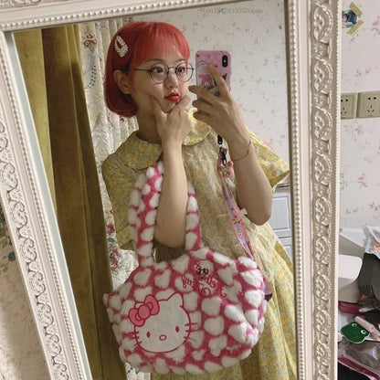 Cute Sweet Pink Kitty Cat Love Heart Plush Shoulder Messenger Bag Purse Aesthetic Casual Summer E-Girl Kawaii Korean Japanese Harajuku