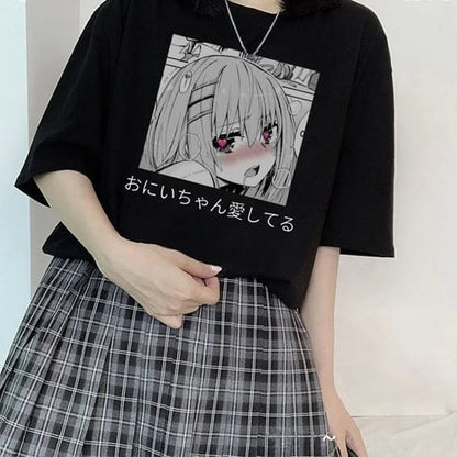 Cute Anime Sweet Girl Cartoon Short Sleeve T-shirt Print Punk Goth Loose Aesthetic Casual Summer E-Girl Kawaii Korean Japanese Harajuku