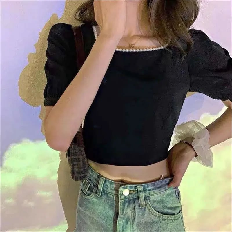 Black Pearl Lace Up Backless Puff Sleeve Blouse