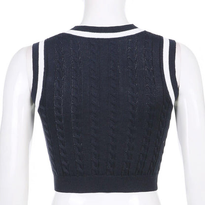 Preppy Letter Print Knit Tank Sweater Vest Sleeveless V Neck Vintage Crop Top Pullover Summer Aesthetic Casual E-Girl Kawaii Korean Japanese Harajuku