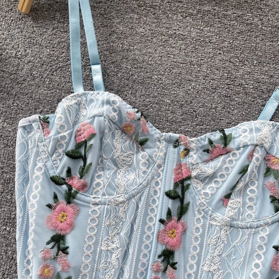 Blue Floral Embroidery Corset Top