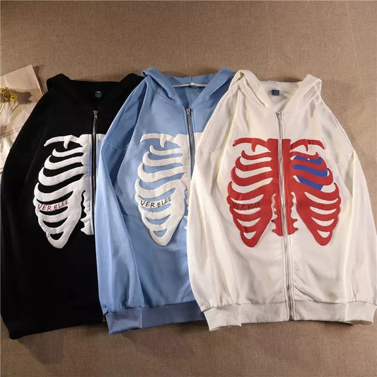 Retro Rib Skeleton Print Long Sleeve Hoodie Jacket Zipper Pullover Casual E-Girl Kawaii Korean Japanese Harajuku Streetwear