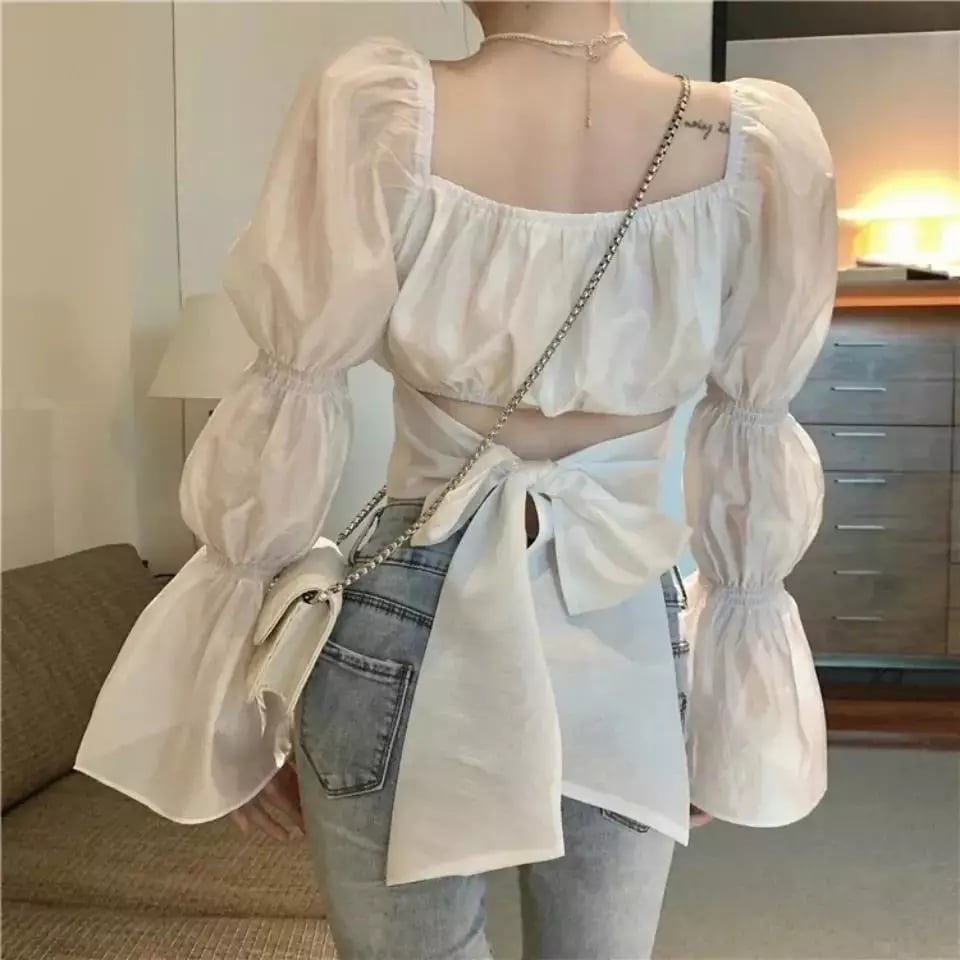 Cute Pink Back Puff Sleeve French Bow Bandage Long Sleeve Shirt Blouse Crop Top Square Neck Aesthetic Casual E-Girl Kawaii Korean Japanese Harajuku