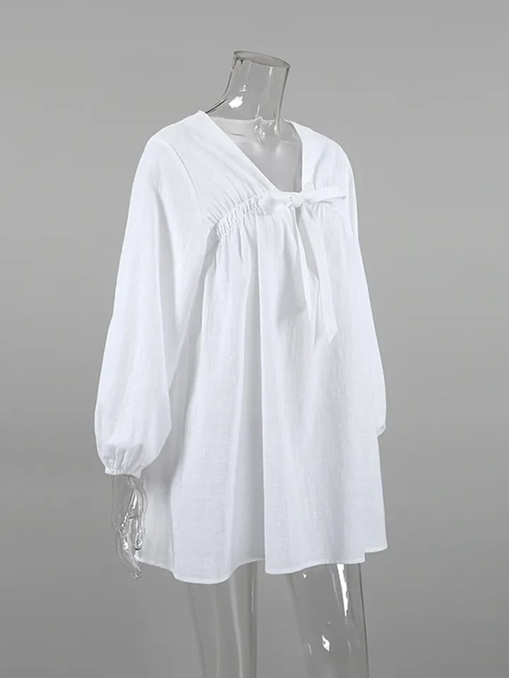 White Cotton Lantern Long Sleeve Dress