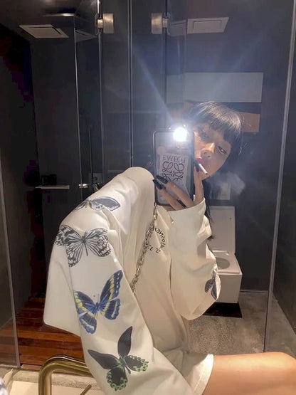 Cute Vintage White Butterfly Print Long Sleeve Shirt Sweatshirt Loose Oversized Autumn Aesthetic E-Girl Kawaii Korean Japanese Harajuku Streetwear