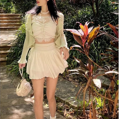 White Ruffle Drawstring High Waist Mini Skirt Fairycore Aesthetic Casual E-Girl Kawaii Korean Japanese Harajuku