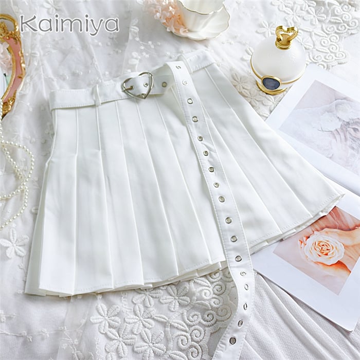 Cute Preppy Summer Pleated Heart Shape Belt High Waist Mini Skirt Bottom E-Girl Kawaii Korean Japanese Harajuku Chinese Retro Streetwear Aesthetic
