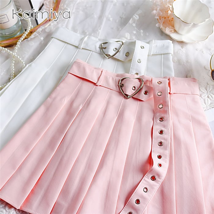 Cute Preppy Summer Pleated Heart Shape Belt High Waist Mini Skirt Bottom E-Girl Kawaii Korean Japanese Harajuku Chinese Retro Streetwear Aesthetic