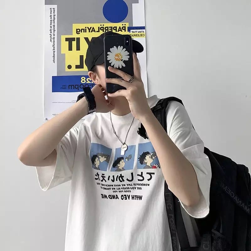 Cute Anime Boy Print Cartoon Oversized Loose Short Sleeve Shirt T-shirt Top Tee Summer Casual E-Girl Kawaii Korean Japanese Harajuku Streetwear