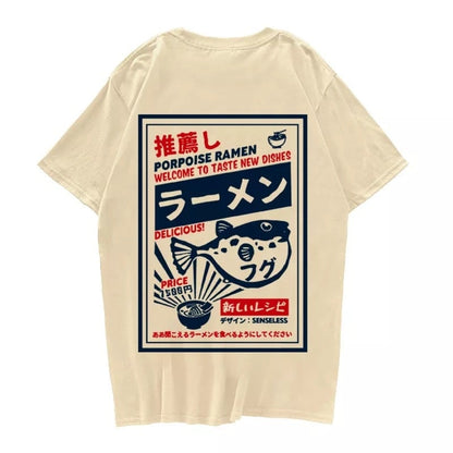 Puffer Fish Ramen Sushi Graphic Cartoon Print Loose Oversized Short Sleeve T-shirt Top Summer Causal E-Girl Kawaii Korean Japanese Harajuku Streetwear