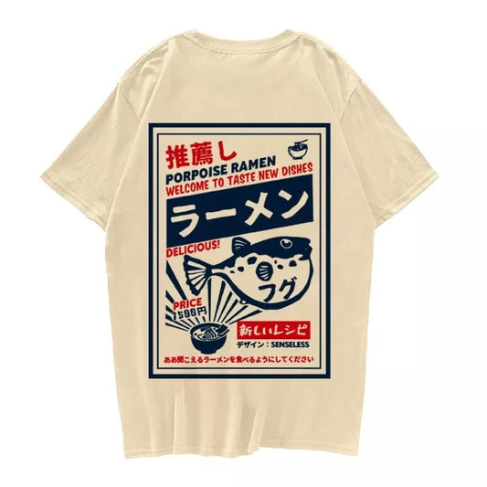 Puffer Fish Ramen Sushi Graphic Cartoon Print Loose Oversized Short Sleeve T-shirt Top Summer Causal E-Girl Kawaii Korean Japanese Harajuku Streetwear