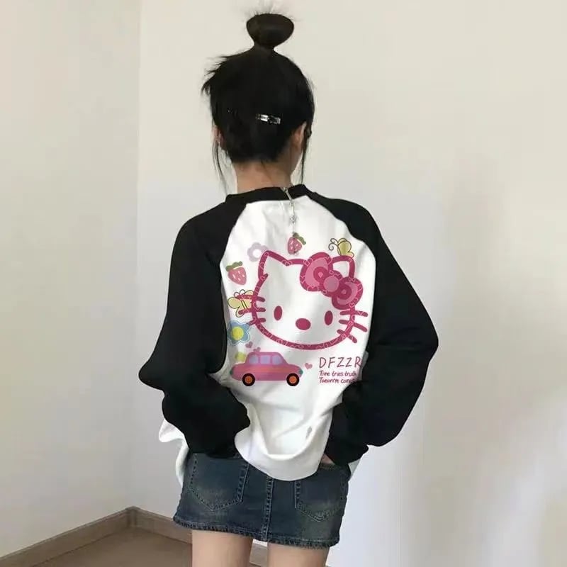 Kitty Cat Anime Cartoon Patchwork Long Sleeve T-shirt