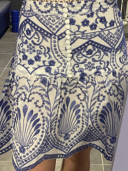 Blue Flower Embroidery Pleated Mini Skirt