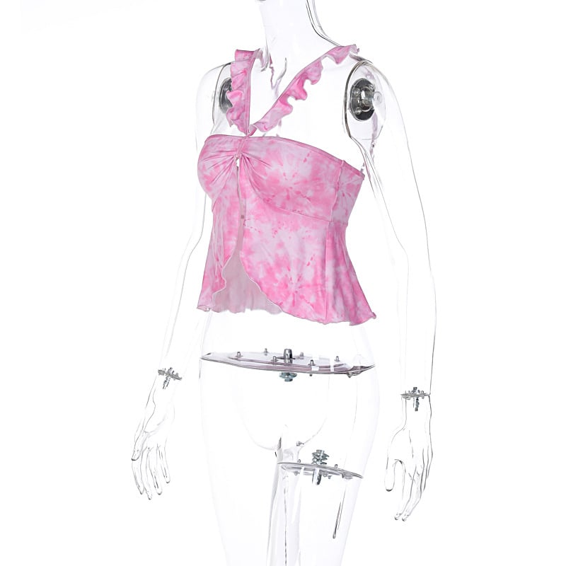 Pink Tie Dye V Neck Ruffle Crop Top