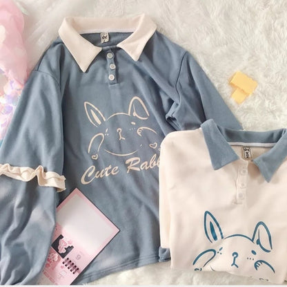 Cute Bunny Rabbit Graphic Vintage Collar Long Sleeve T- Shirt Sweatshirt Aesthetic Casual E-Girl Kawaii Korean Japanese Harajuku