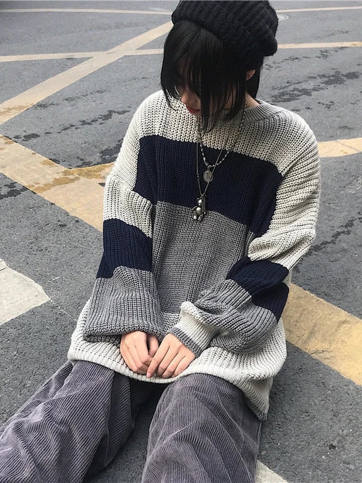 Grey Stripe Patchwork Sweater