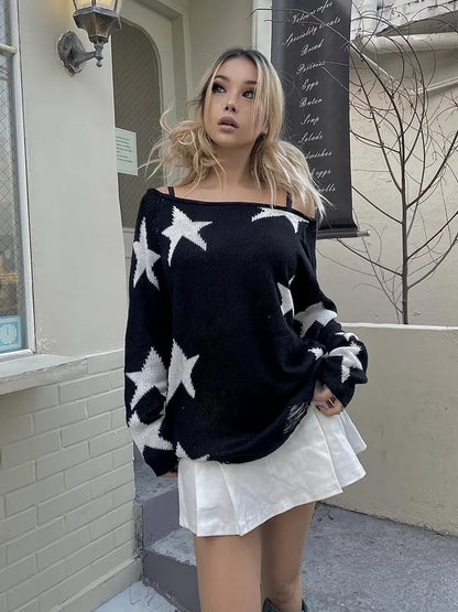 Black Star Print Off Shoulder Sweater