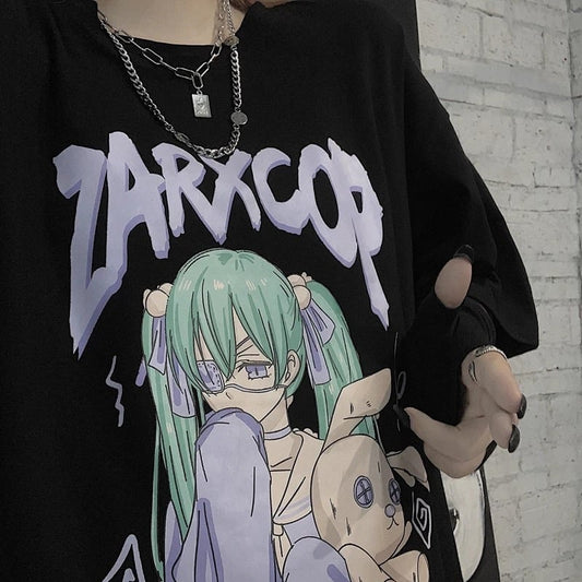 Black Anime Girl Cartoon Print Vintage Oversize Loose Short Sleeve Shirt T-shirt Tee Top Goth Punk E-Girl Kawaii Korean Japanese Harajuku Streetwear