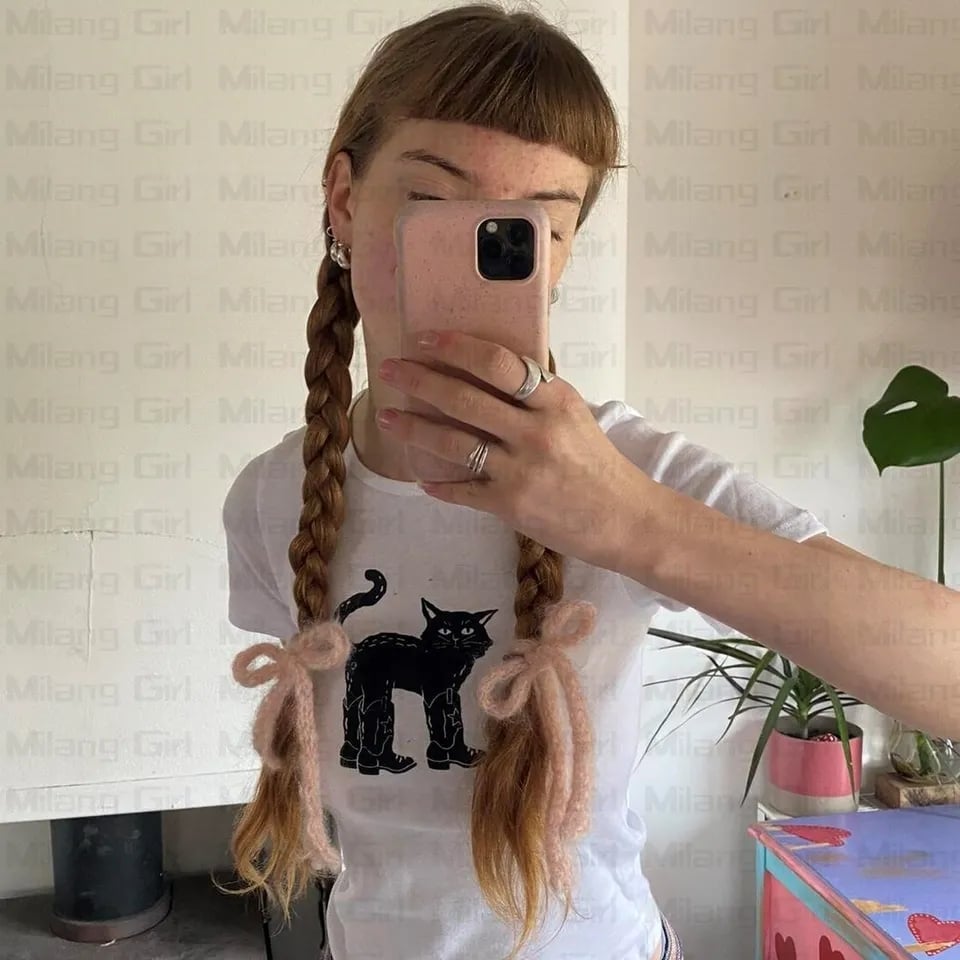 Cat Print Crew Neck Crop Top