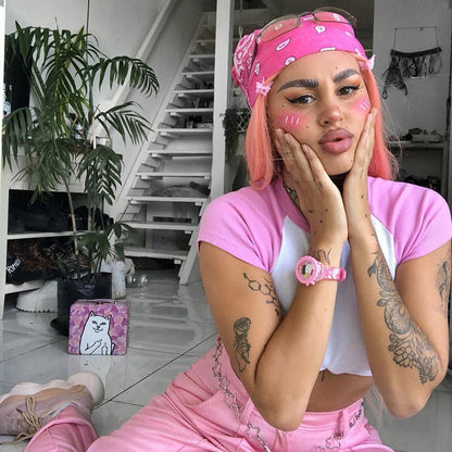 Cute Pink White Contrast Basic Crop Top Short Sleeve Shirt Tee T-shirt Kawaii Korean Japanese Harajuku Chinese Retro Streetwear Aesthetic Fashion