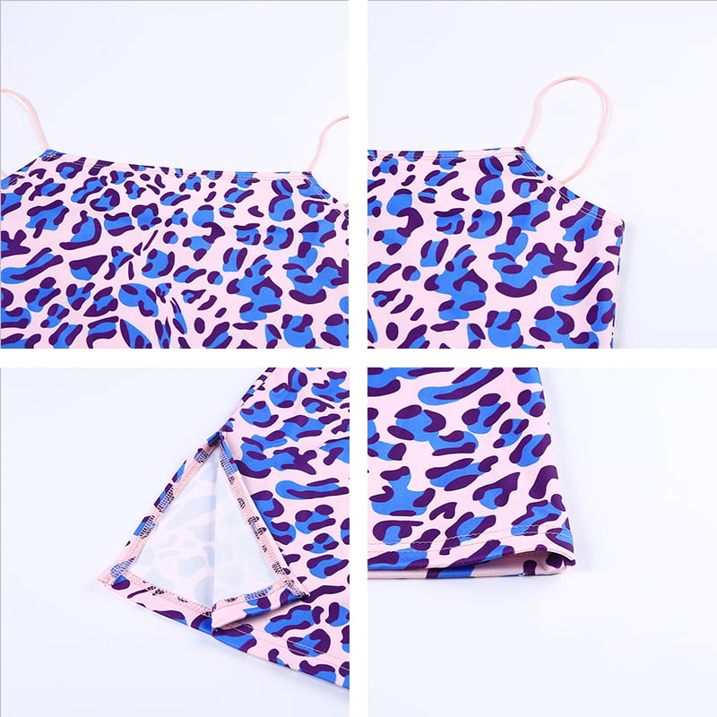 Cute Purple Leopard Spaghetti Strap Backless Mini Dress Party E-Girl Kawaii Korean Japanese Harajuku Chinese Retro Streetwear Aesthetic