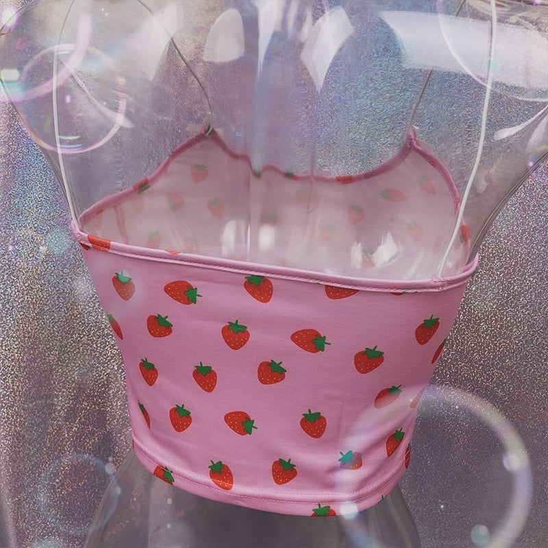 Cute Strawberry Fruit Spaghetti Strap Crop Top Camisole Shirt Tee T-shirt E-Girl Kawaii Korean Japanese Harajuku Chinese Retro Streetwear Aesthetic