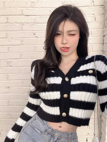 Blue & White Stripe Gold Button Sweater