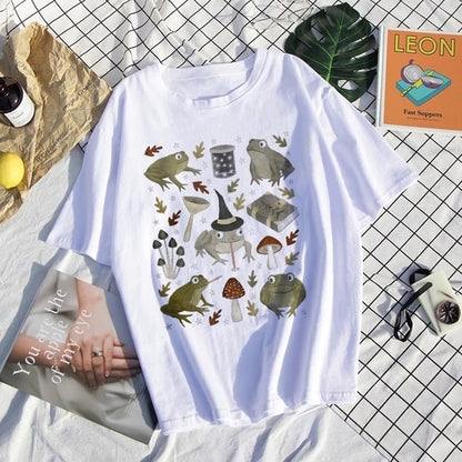 Cute Frog Magic Mushroom Witchcraft Print Short Sleeve T- Shirt Top Aesthetic Casual Summer E-Girl Kawaii Korean Japanese Harajuku