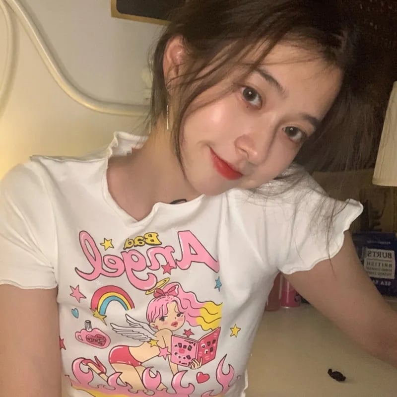 Angel Print Ruffle Short Sleeve T-shirt