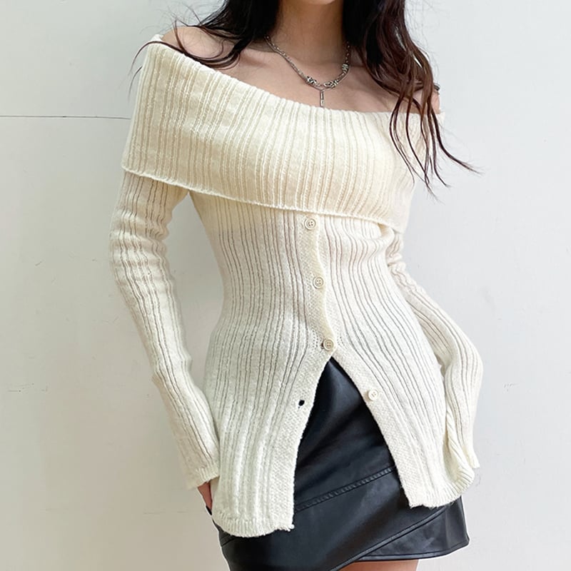 White Button Up Split Slash Neck Sweater