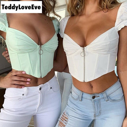 Cute Sexy V Neck Corset Backless Summer Zipper Beach Crop Shirt Tee T-shirt E-Girl Kawaii Korean Japanese Harajuku Chinese Retro Streetwear Aesthetic