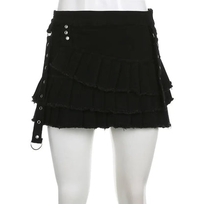 Black Denim Pleated Low Waist Irregular Mini Skirt