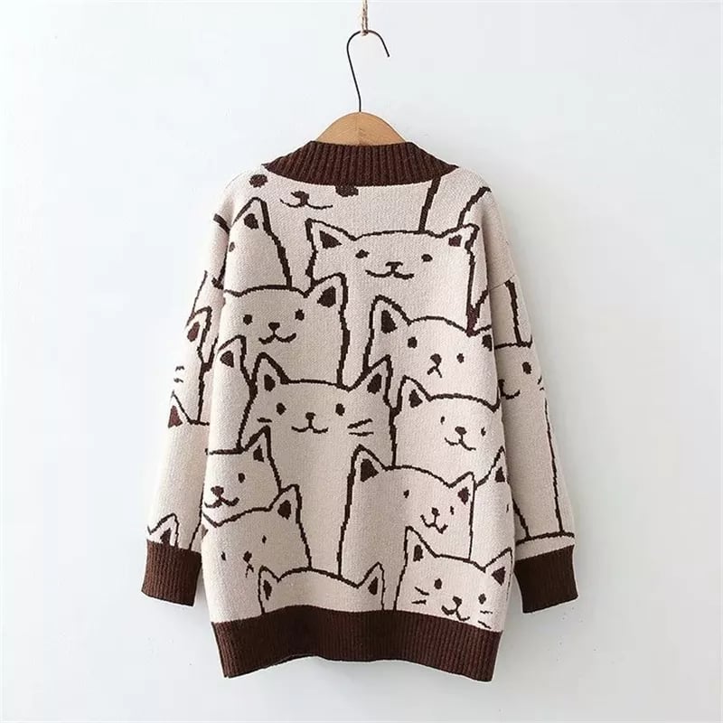 Cat Print V Neck Sweater
